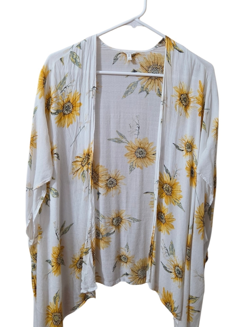 Sunflower Print Open-Front Kimono  White & Yellow
